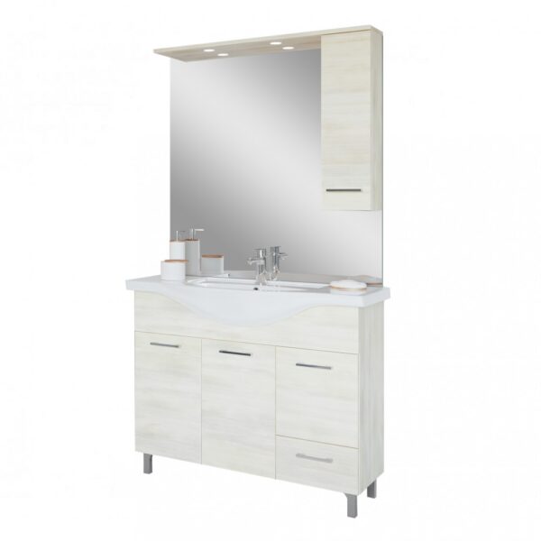 Vanessa Fürdőszobabútor 105 cm kerámia mosdóval (3 ajtós,1 fiokos),oldalszekrényes tükör LED világítással fehér tölgy