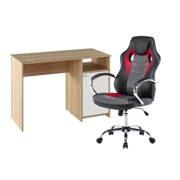 Lygon sonoma tölgy-fehér számítógépasztal Genesis gamer forgószékkel