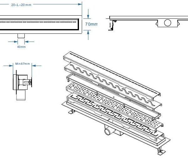 Rozsdamentes zuhanyfolyóka, BLACK GLASS (fekete üveg) betéttel